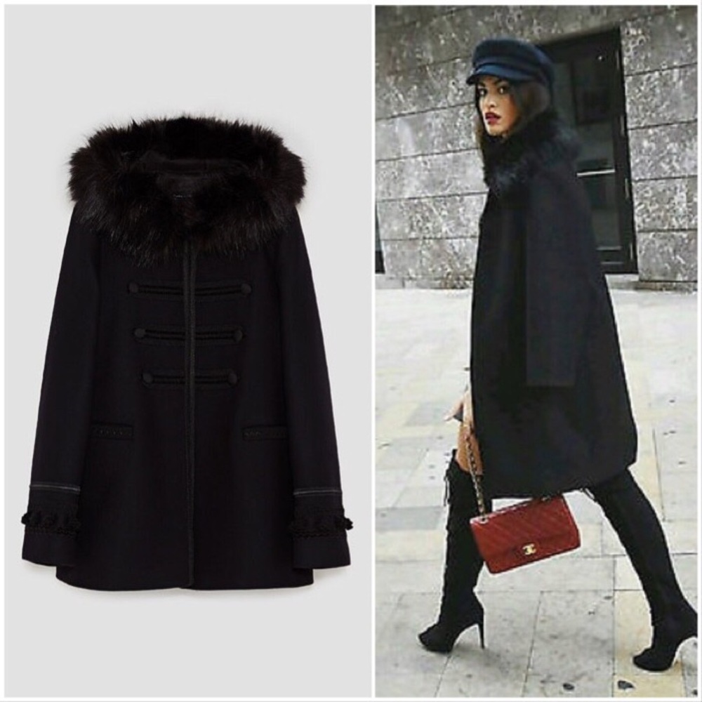 Wool Short Hooded Coat with Fur Hood